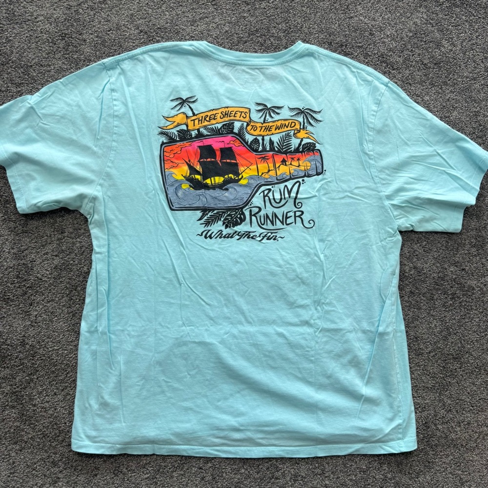 What The Fin Rum Runner Pirate Ship Graphic T-Shirt Mens XXL Blue Three Sheets